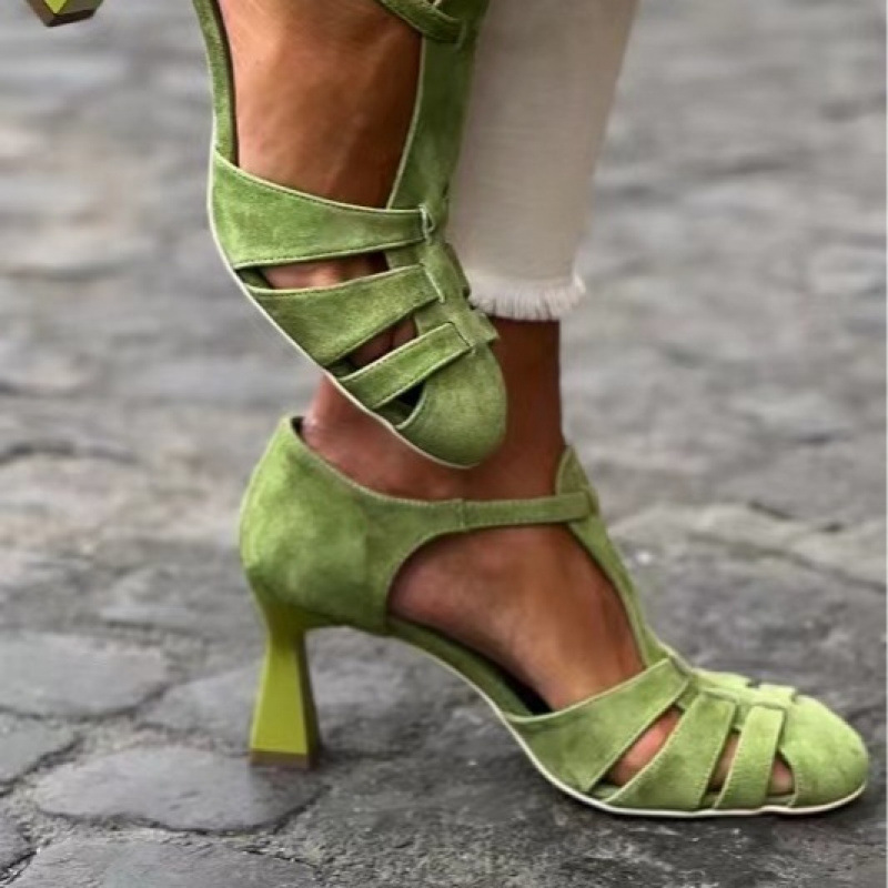 Summer Clothing Elegant - Women's Green Suede Kitten Heel T-Strap