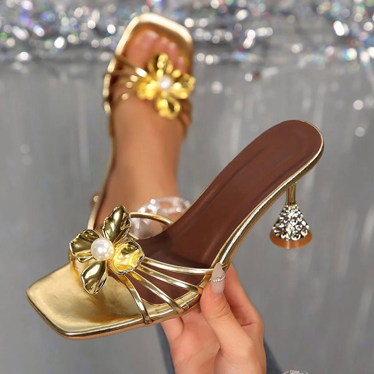 Summer Clothing Elegant - Vintage Metal Flower Crystal Cone Heel