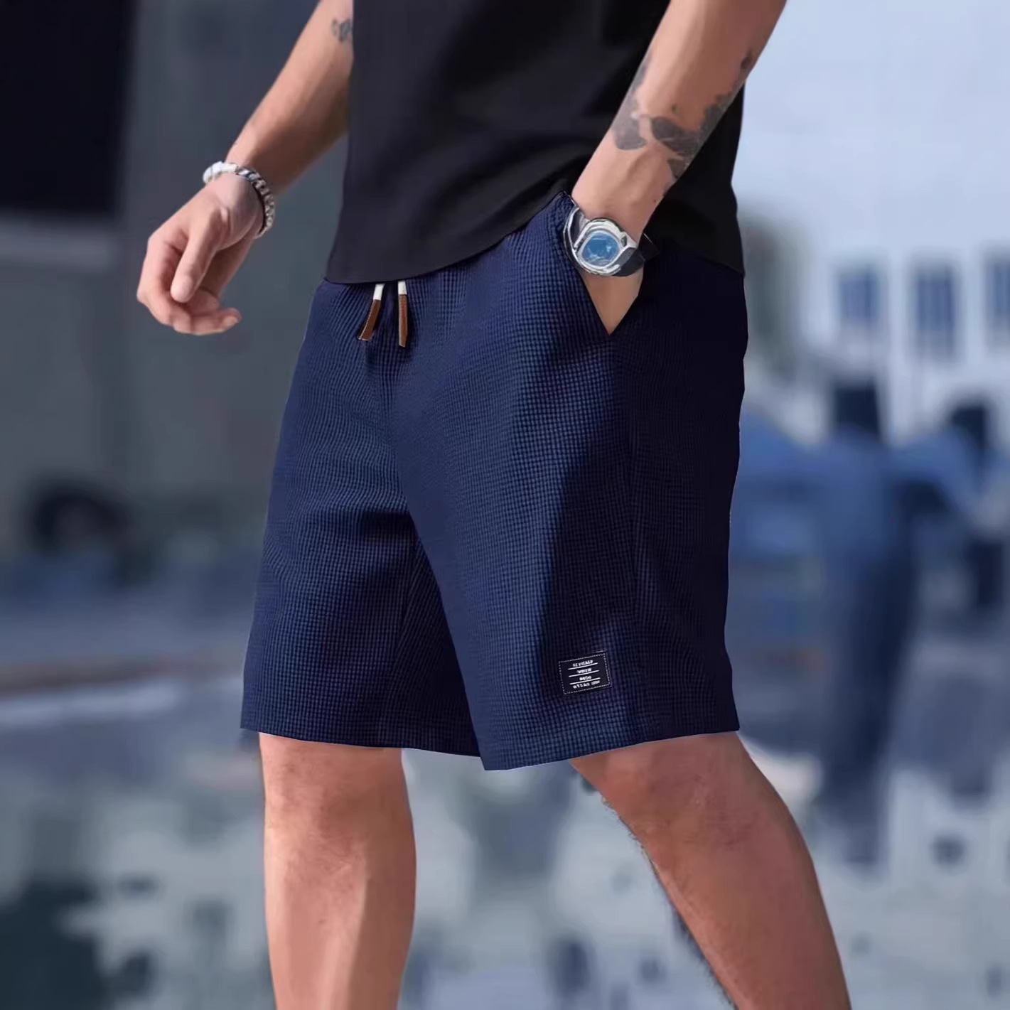 Male Short Pants Black Waffle  - Summer Clothing Deals ulasan dan harga