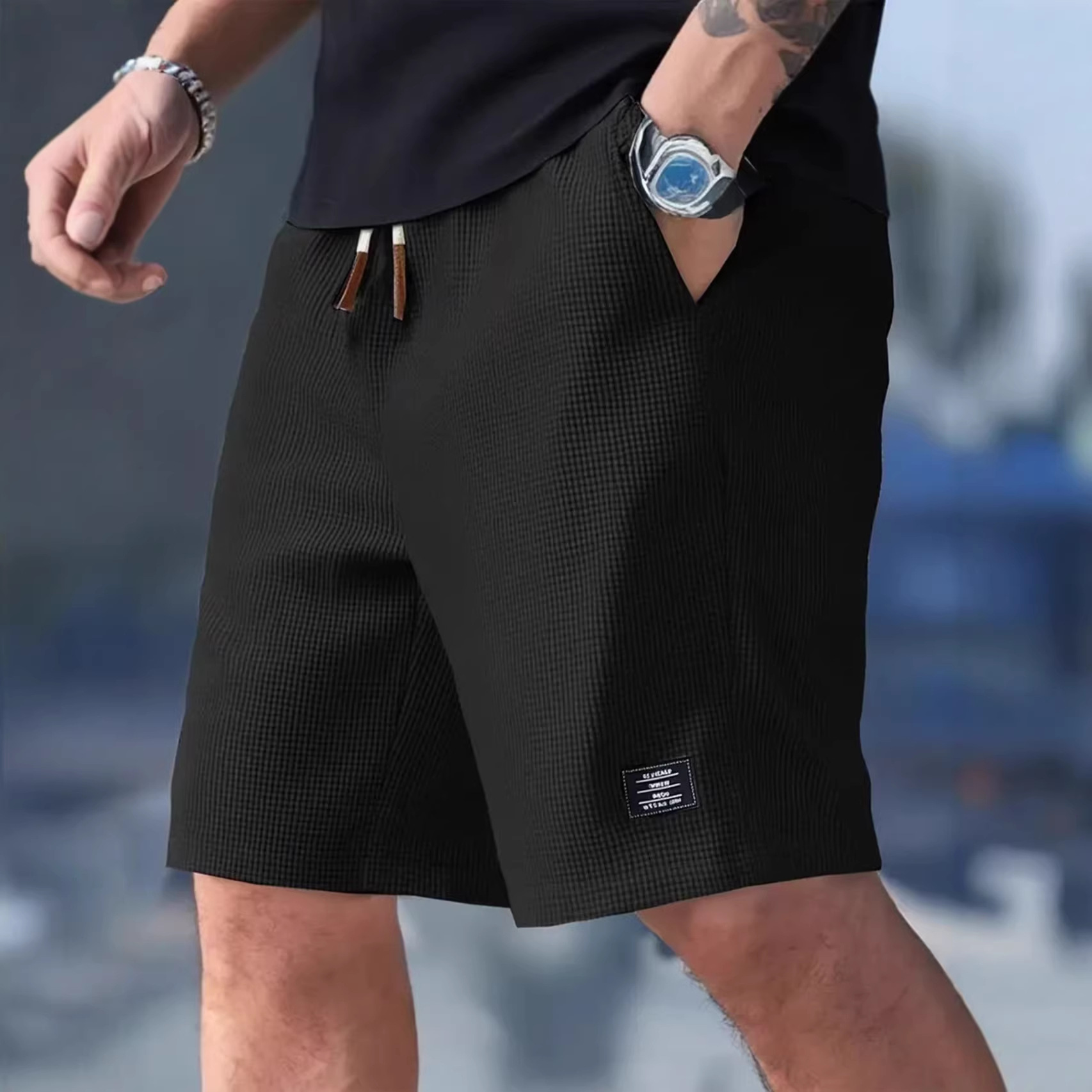 Male Short Pants Black Waffle  - Summer Clothing Deals ulasan dan harga