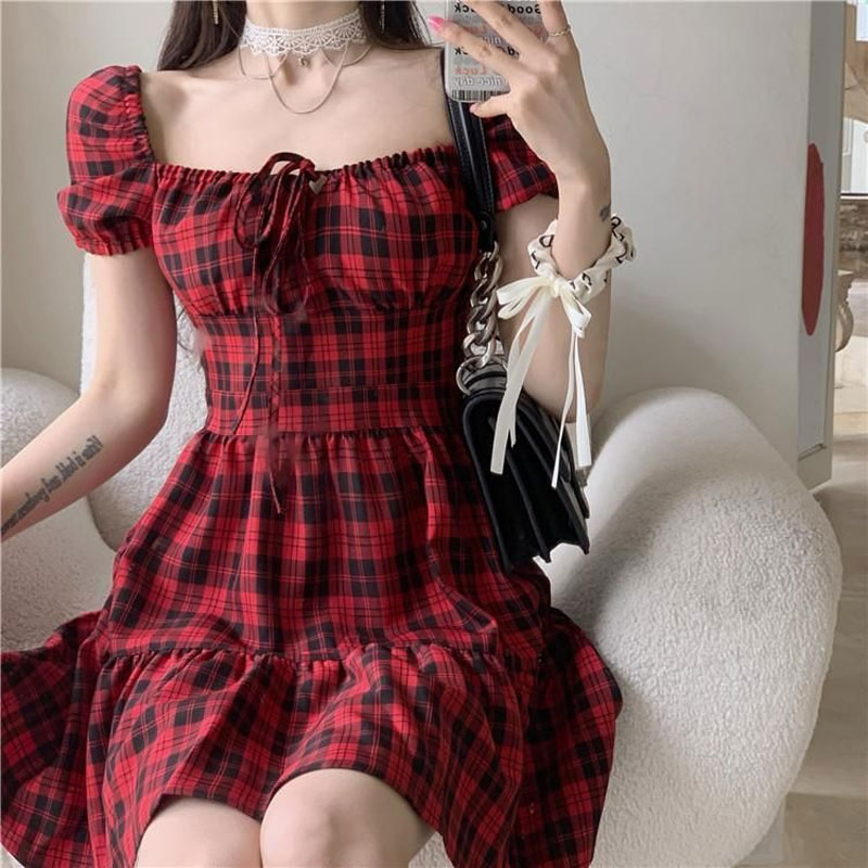 Red Plaid Mini Dress Women's C - Summer Clothing Drawing ulasan dan harga