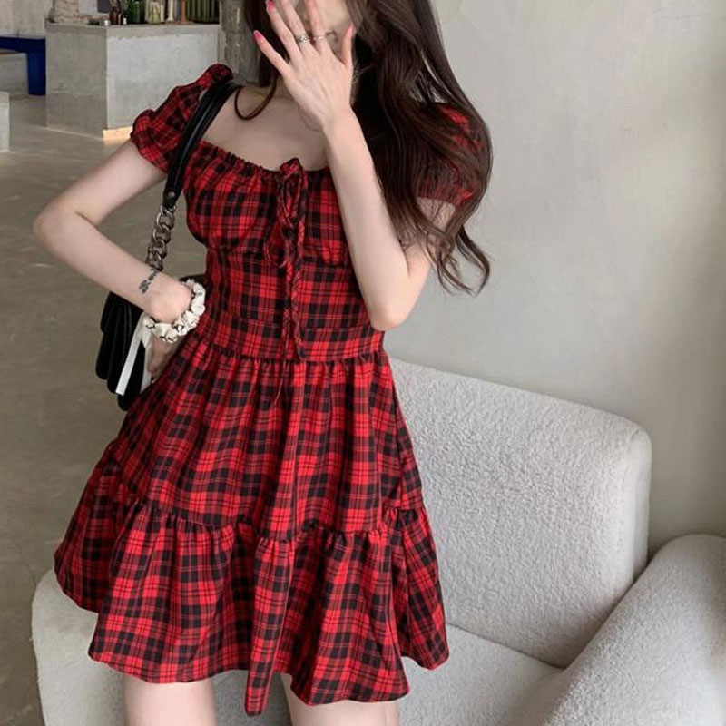 Red Plaid Mini Dress Women's C - Summer Clothing Drawing ulasan dan harga