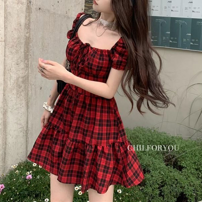 Red Plaid Mini Dress Women's C - Summer Clothing Drawing ulasan dan harga