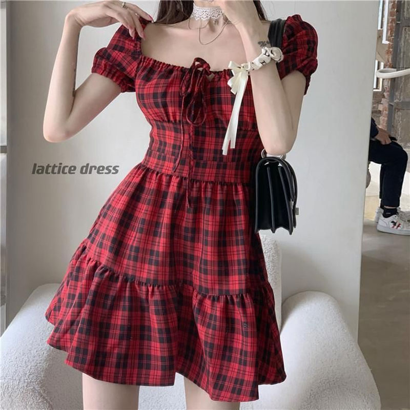 Red Plaid Mini Dress Women's C - Summer Clothing Drawing ulasan dan harga
